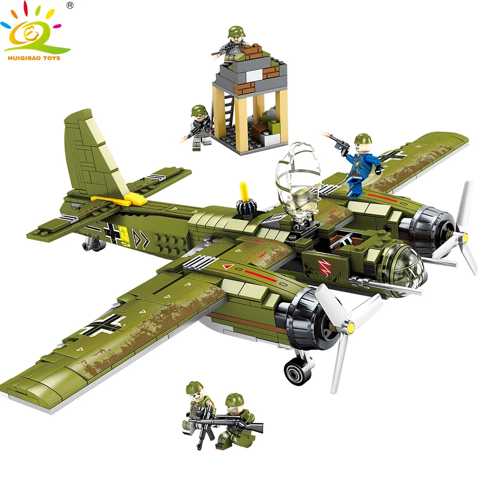 

HUIQIBAO Toys 559pcs Military Ju-88 Helicopter Building Blocks For Children Compatible WW2 Army soldier Figure Bricks