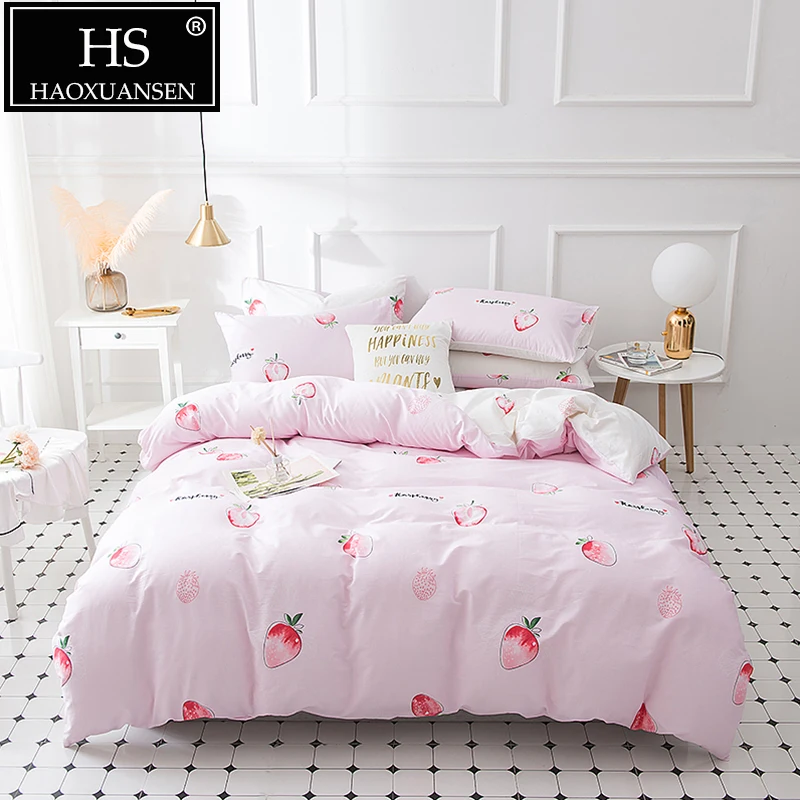 

Fruit Strawberry Pink Reactive Print 3/4pcs Bedding Sets 100% Cotton Super Soft Duvet Cover Sets King Queen Twin Size Bed Linen
