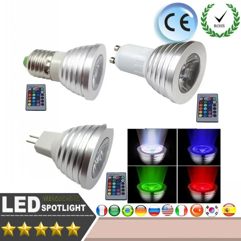 

LED RGB 10W RGB LED Bulb AC85-265V/220V E27 B22 GU10 E14 MR16 12V Color Changeable RGB LED Lamp with IR remote control LEDBulb