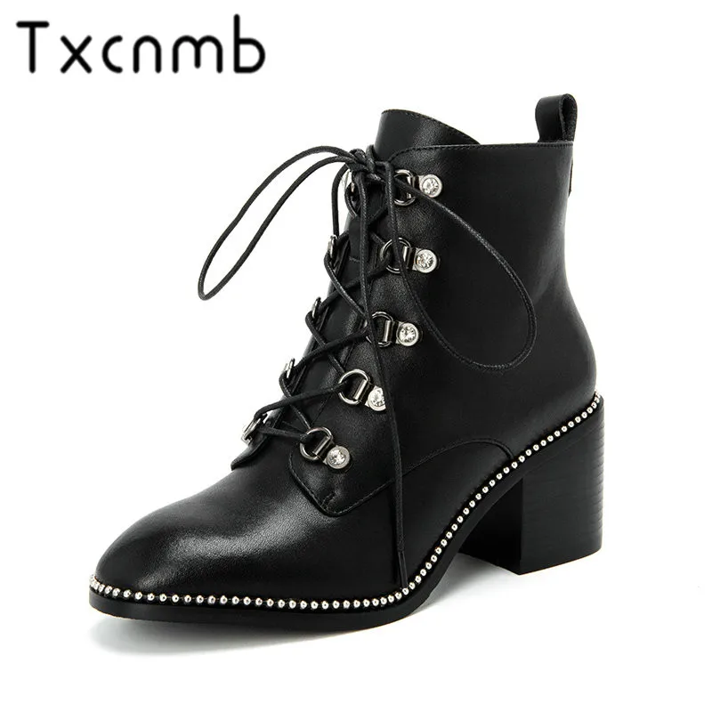 

TXCNMB New Genuine Leather Lace-up Boots Women Ankle Boots Thick High Heels Boots Woman Casual Shoes Woman Black