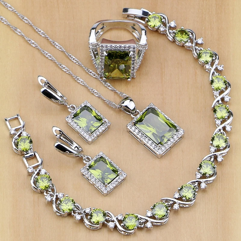 Square 925 Sterling Silver Jewelry Olive Green Cubic zirconia Jewelry Sets For Women Earrings/Pendant/Necklace/Rings/Bracelet