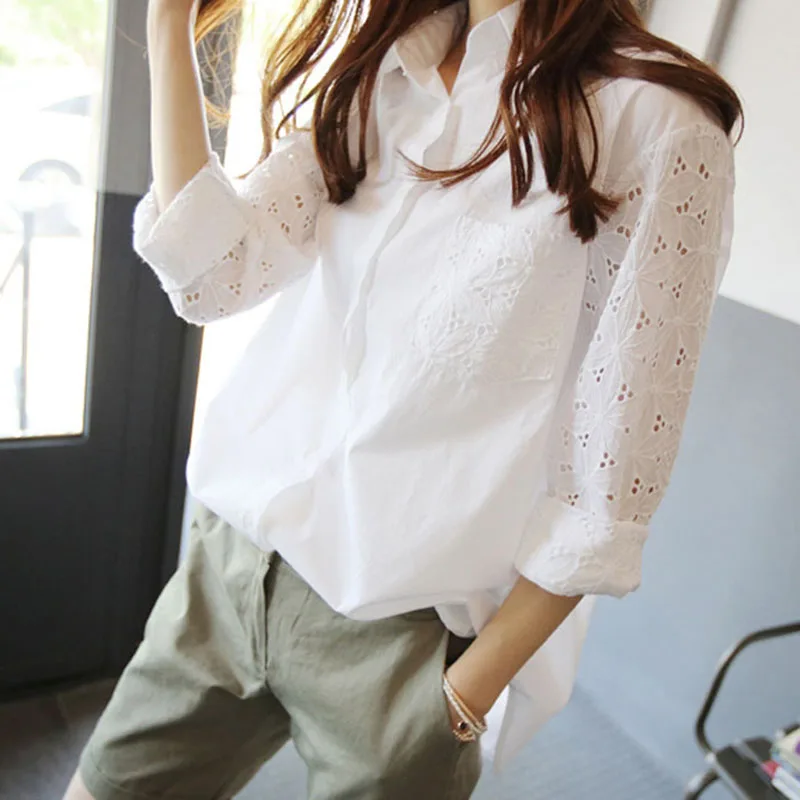 

New Women Long Sleeve Shirt Hollow Out Turn-down Collar Casual Loose Shirt Tops