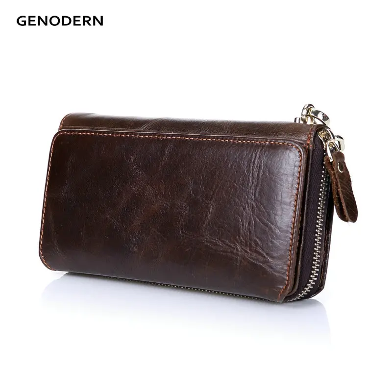 GENODERN New Long Purses for Men Genuine Leather Men Wallets with Multi Card Holders Brown Cowhide Function Men's Clutch Wallets 