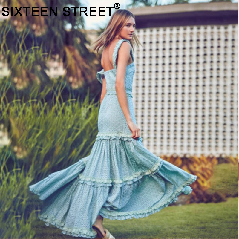 

2019 New Summer Woman Dress Spaghetti Strap Blue Color Lace Hollow Out Sleeveless Holiday Vacation Maxi Dresses Ladies Bodycon