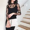 Summer Spring Womens See Through Mesh Basic Long Sleeve Blouse Mock Neck Embroidered Floral Lace Loose Pullover Tops ► Photo 2/6