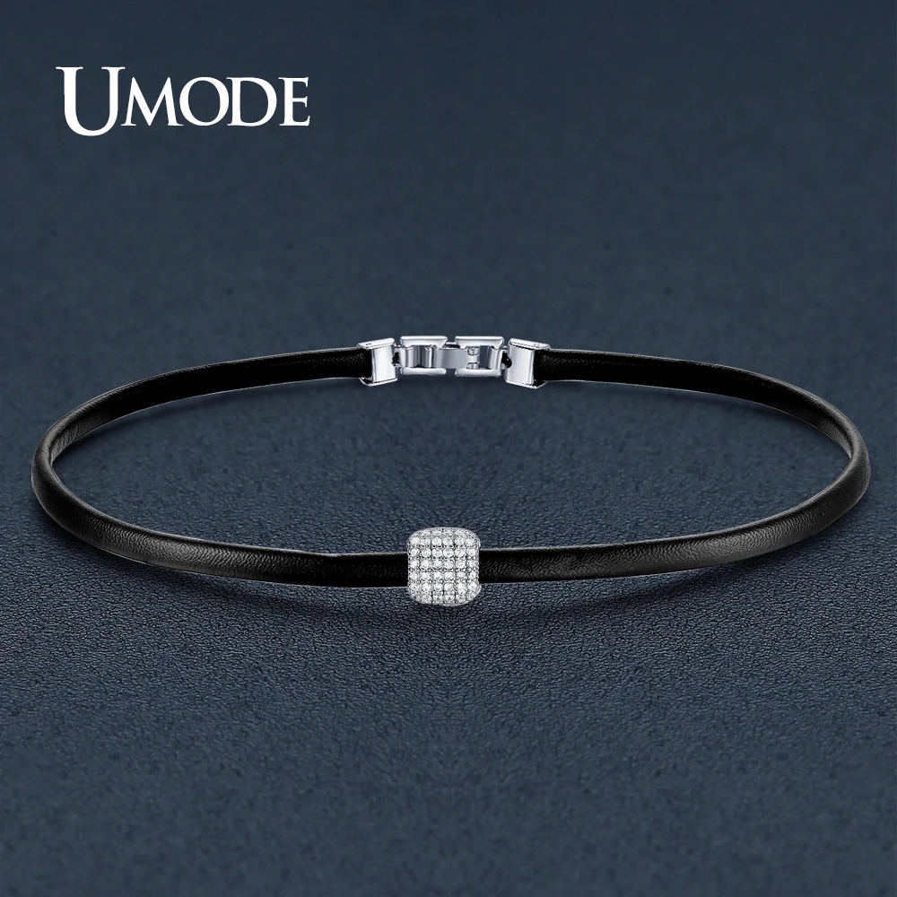 

UMODE Brand Design New Leather Gothic Chokers Necklaces for Women White Gold Color Pave Square CZ Collier Fashion Jewelry UN0267