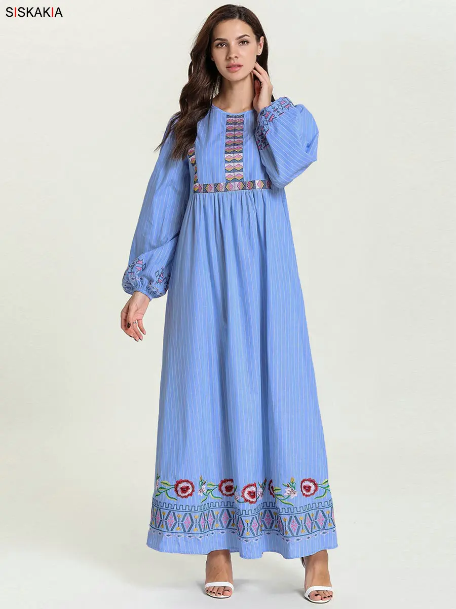 Mother and Daughter striped Embroidery Long Dress Muslim Parent Child Girl Casual Dresses Long Sleeve Plus Size Autumn Blue