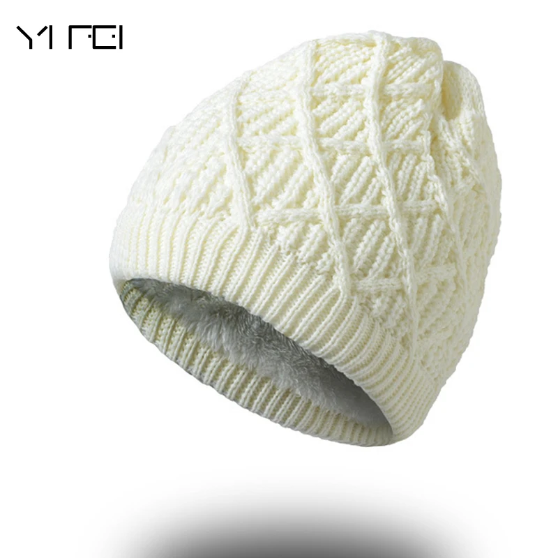 

YIFEI Women Winter Warm Wool Knit Hats Autumn Fashion Beanies Men Warm Thick Skullies Casual Plus Velours Knitted Caps
