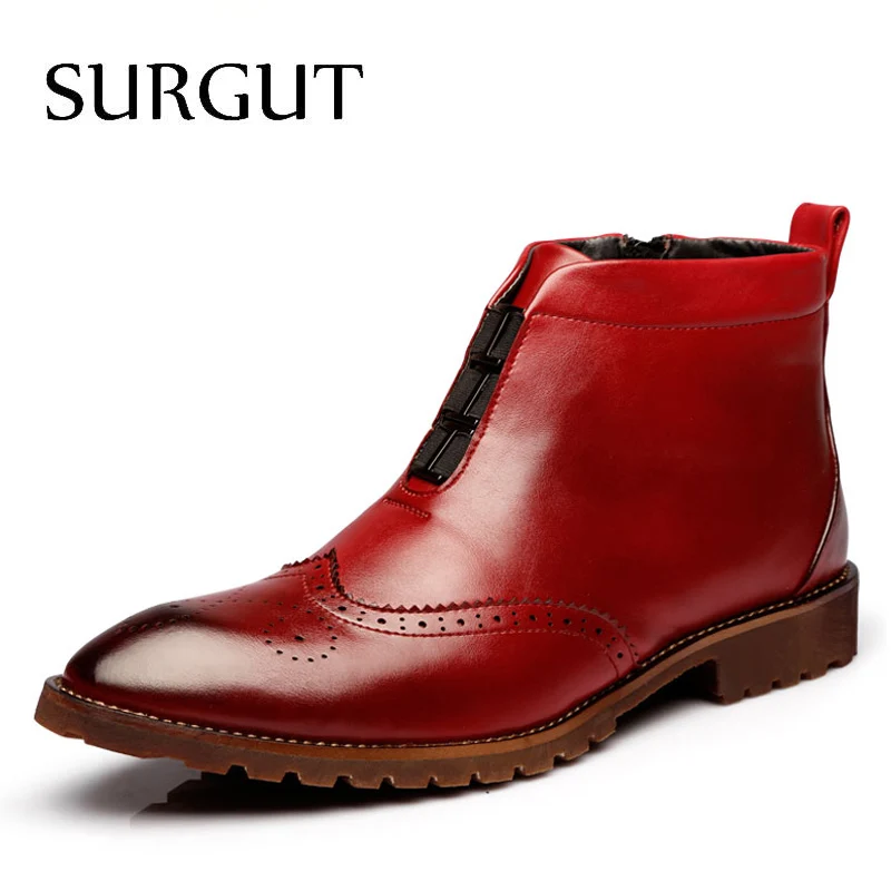 SURGUT/Брендовые мужские ботинки; удобные зимние теплые водонепроницаемые качественные Модные ботильоны; повседневные мужские кожаные зимние ботинки; Осенняя обувь - Цвет: Wine Red