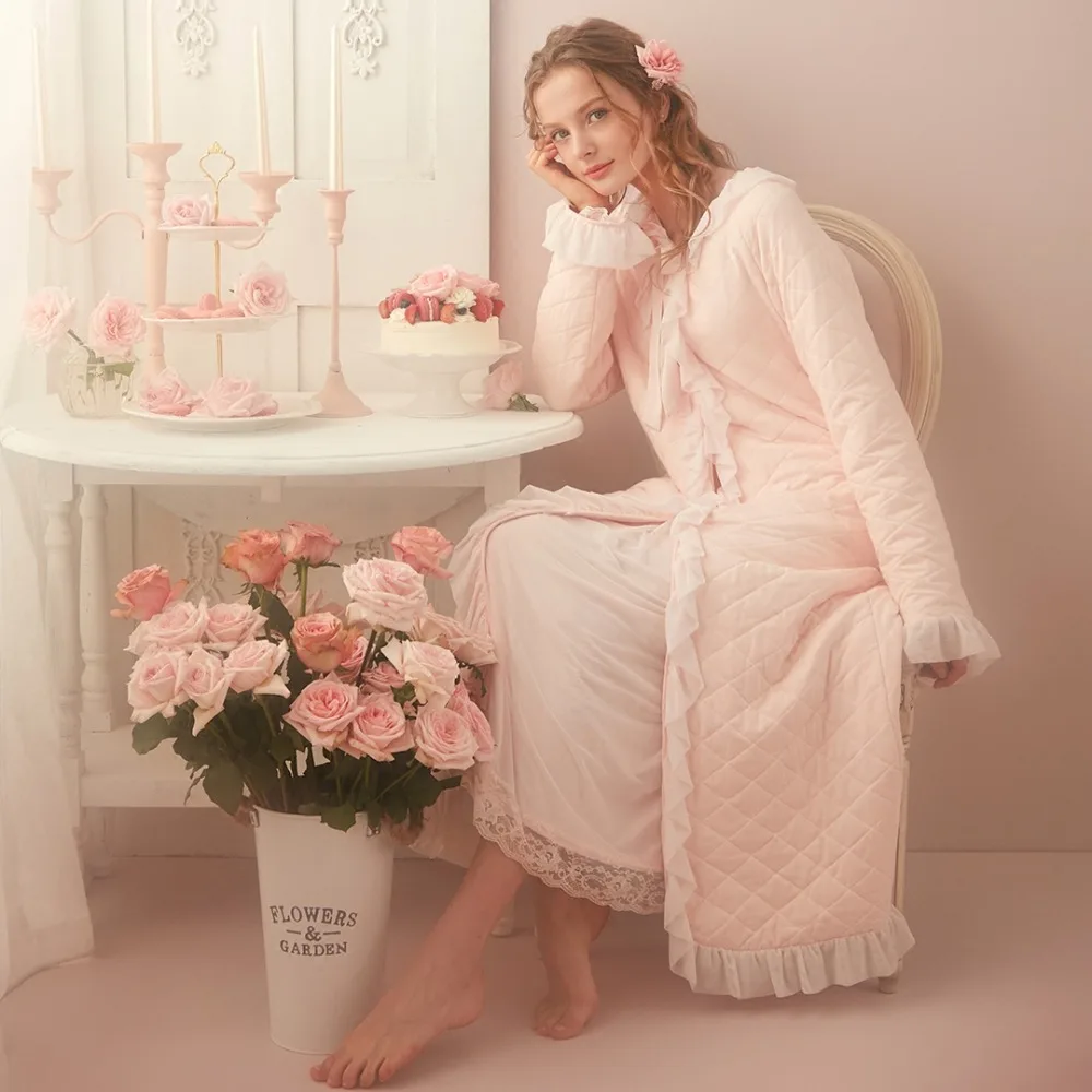 

Free Shipping 2017 New Winter Cotton Princess Nightgown Women's Winter Long Robe Pink Color Royal Sleepwear Thicken Pijamas