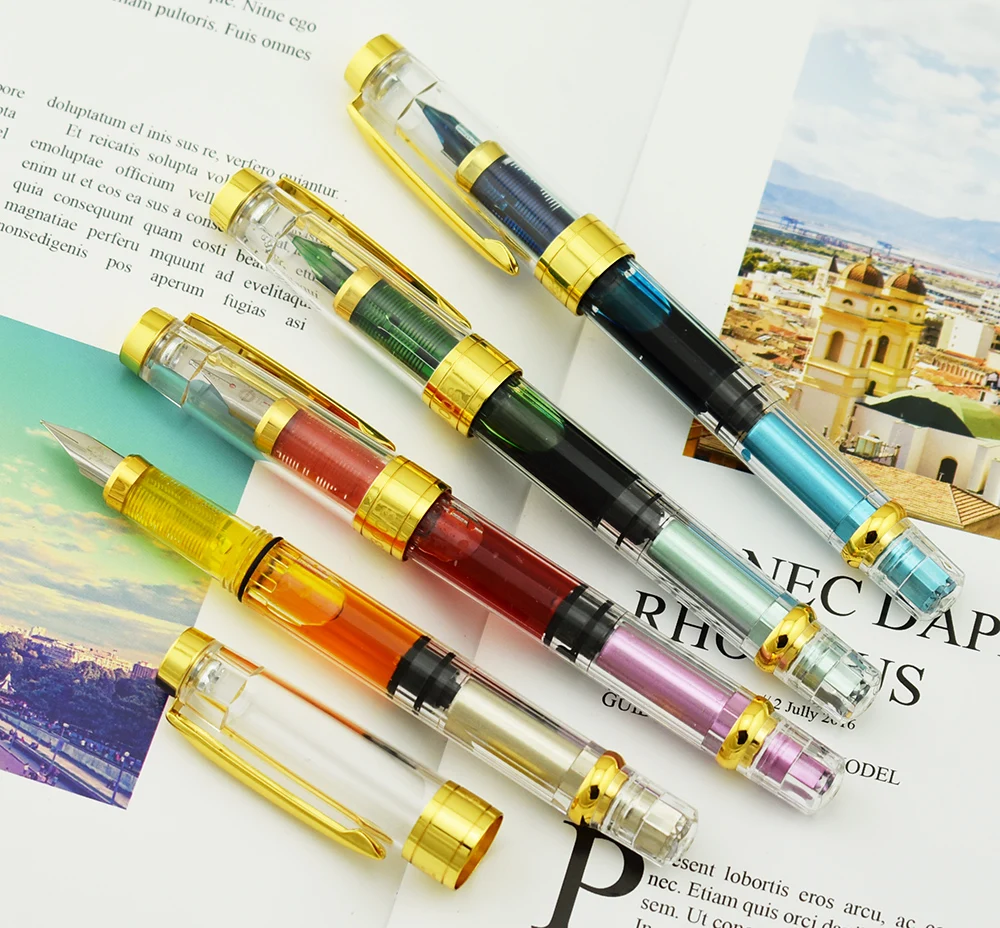 

4PCS Wing Sung 3008 Fountain Pen Piston Full Transparent EF/F Nib 0.38/0.5mm Golden Trim Ink Pen for Office Business School Home