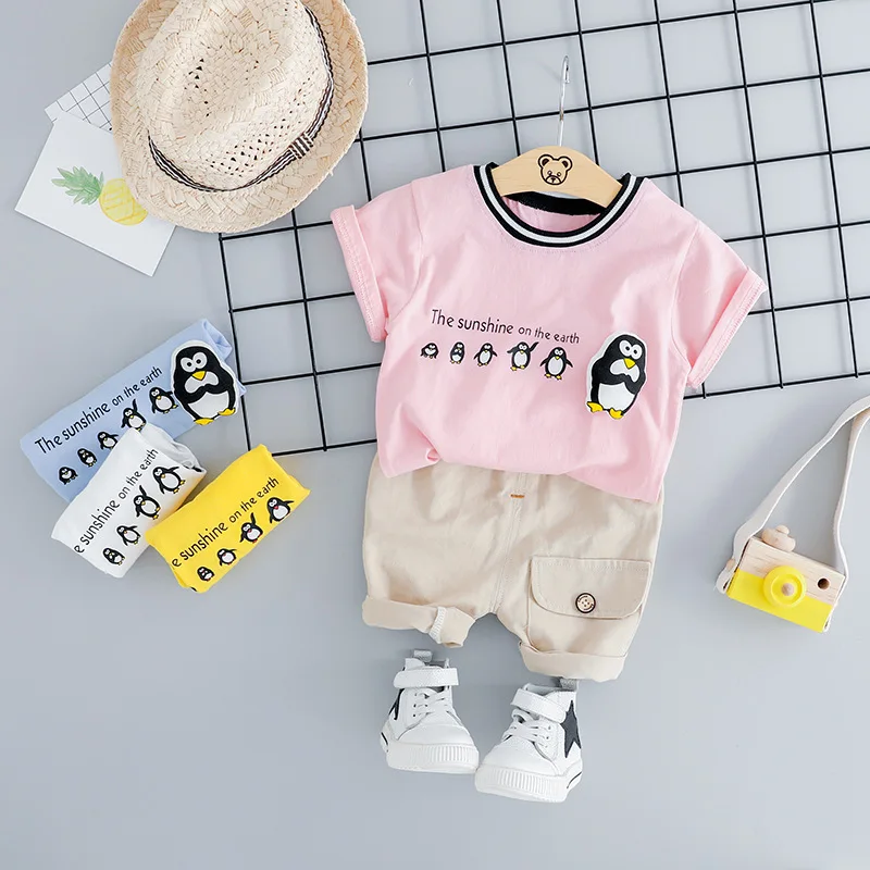 Детский комплект одежды для мальчиков, летний хлопковый комплект одежды с принтом пингвина для малышей, детская одежда, футболки и шорты - Цвет: Pink