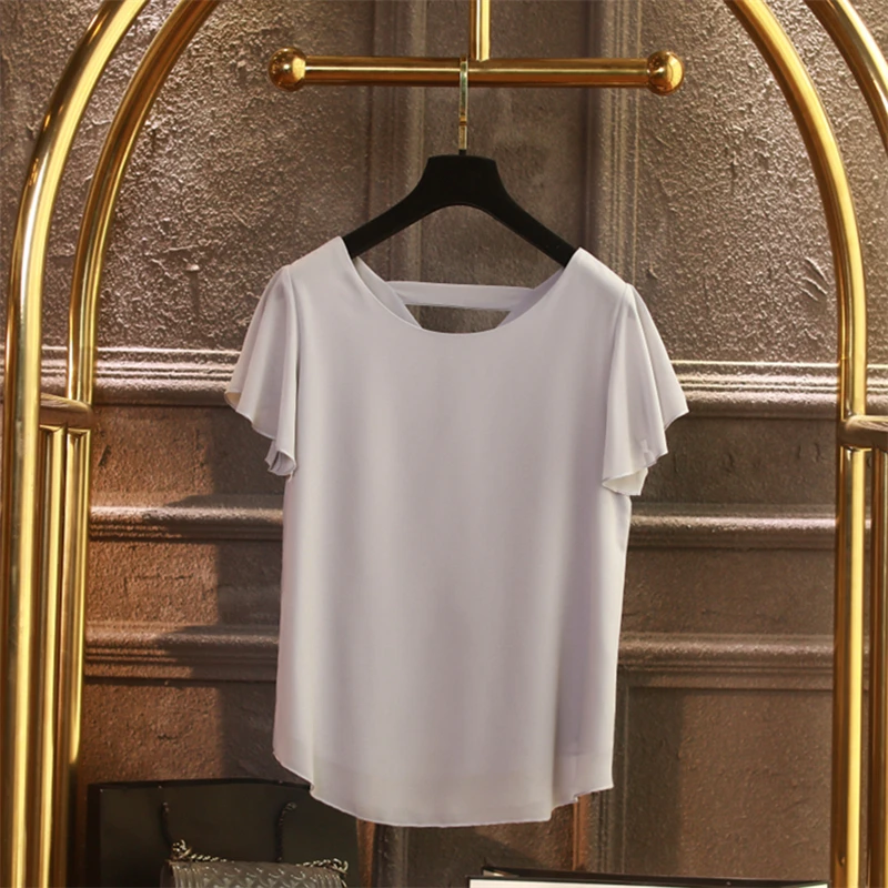 Banerdanni, продукт, женская блузка, летняя шифоновая рубашка с коротким рукавом и v-образным вырезом, Повседневная блуза размера плюс, свободные женские топы - Цвет: light grey