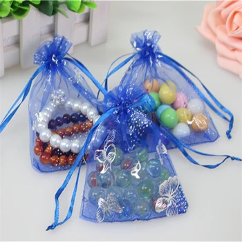 

2016 New Desgin Style 100pcs/lot 9x12cm Blue Butterfly Organza Packaging Favor Small Christmas Drawstring Organza Gift Bags