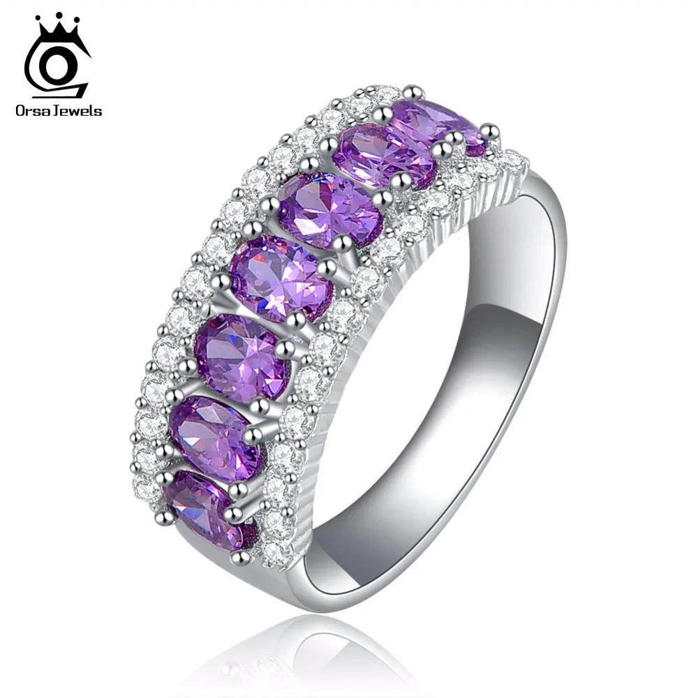 

ORSA JEWELS Lead & Nickel Free Ring AAA Grade Purple Zircon Rings Clear CZ Micro Pave Rings for Women Fashion Jewelry OR43