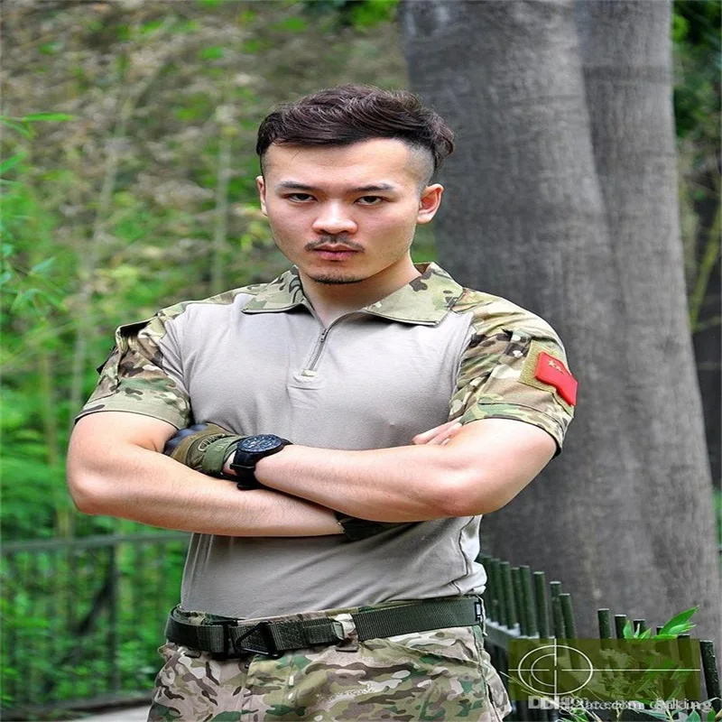

Spring Autumn Europe Russia Men Active Army Uniform TShirt Military Training Camping Green Gray Camo short sleeve Tees shirts