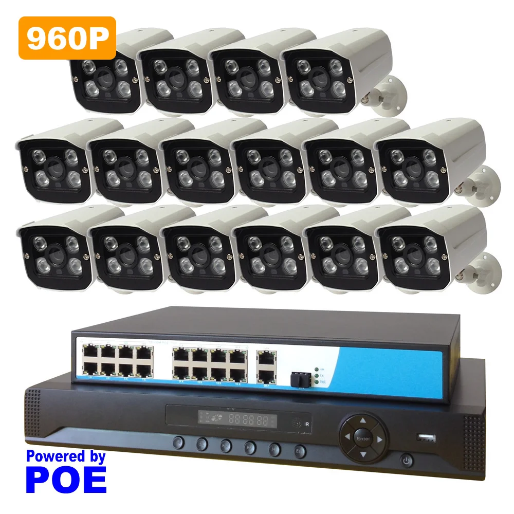 

16PCS Camera POE Security System 960P Surveillance System Kit 16ch NVR+16ch PoE Switch+1.3MP Outdoor POE IP Camera Night Vision