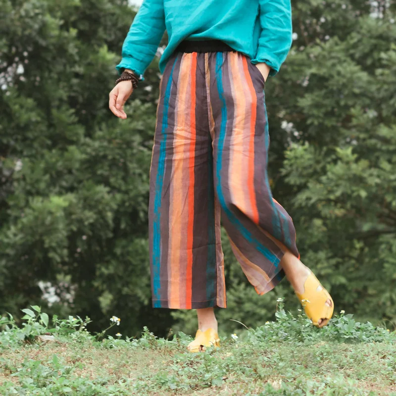 

100%Ramie Striped Women Wide Leg Pants with Pockets KZ06