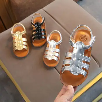 

New Girl Sandals Summer Children Princess Soft Leather Sandals Kids Girls Square Flat Heels Dress Party Soft Shoes