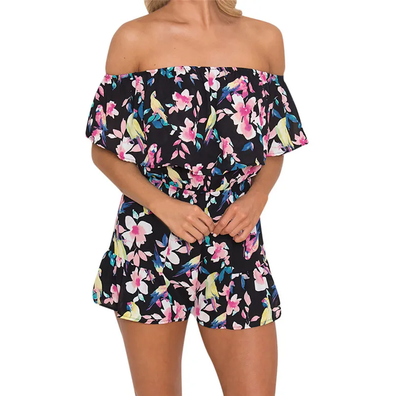 Fashion summer jumpsuit woman 2018 Off Shoulder Floral Bird Print Mini Playsuit Ladies Shorts Bodysuit pantaloni siamesi J21#N (2)