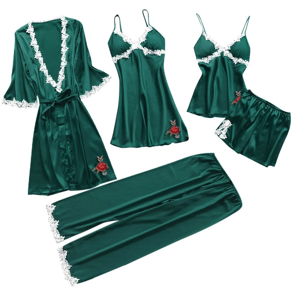 Женская ночная одежда, ночное платье, часть ночного белья, Эротическое нижнее белье, шелковая атласная ночная рубашка с v-образным вырезом, Ночная одежда, женская одежда для сна, платье, костюм - Цвет: Зеленый
