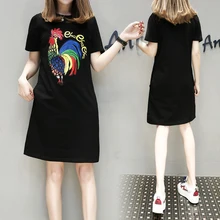 2017 summer women's long embroidery sequins large size rooster loose dress female Retro simple plus size sequins dresses 5xl