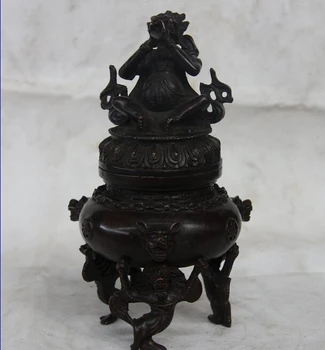 

song voge gem S0937 China Buddhism Old Copper Bronze Mahakala Vajrapani Buddha Incense Burner Censer