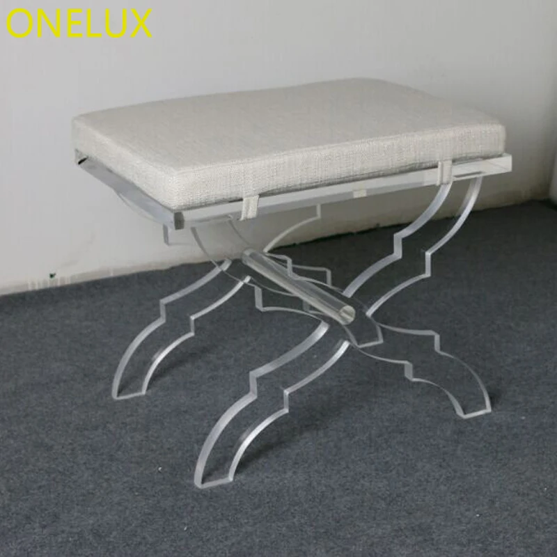 Acrylic X Base Stool Linen Seat Lucite Leg Vanity Acrylic X Base Stool Linen Seat Lucite