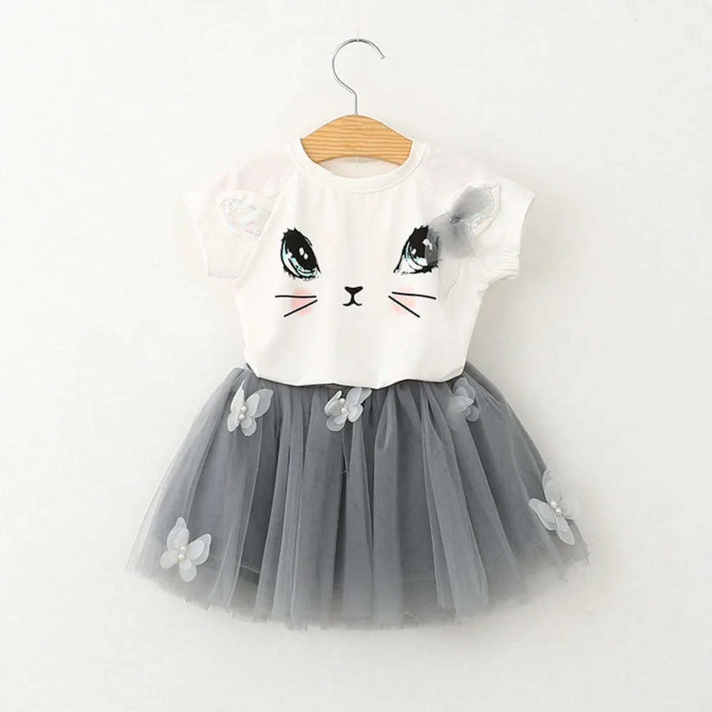 

Girl Dress 2018 Summer Fashion Cartoon Printed T-Shirts+Net Veil Tutu Dress 2Pcs for Girls 2-6Y Children Clothes