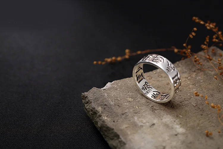 925 Sterling Silver Vintage Ring Buddhist Classic Six Character Mantra Personalized Gift Party Wedding Band