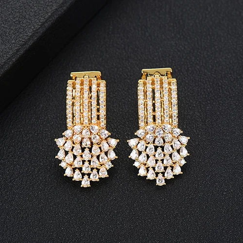 GODKI Exclusive Tassel Hoop Earring For Women Wedding Popular 3Tone Geometry Full Mirco Cubic Zircon Nigerian Hoop Earrings - Metal Color: B Gold