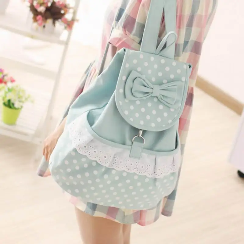 2017 Women Backpacks bow Brand school bag lace canvas Backpack dot printing travel Bags high quality