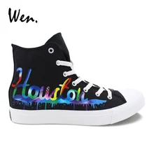 Вэнь ручной росписью обувь Хьюстон городской пейзаж пользовательские Дизайн граффити холст кроссовки черные высокие Топы шнуровка кеды на плоской подошве