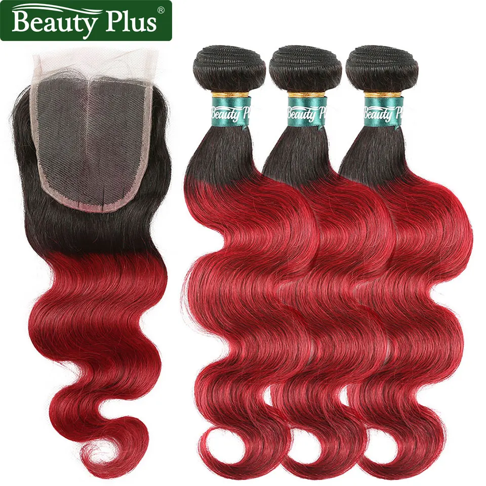 

BP Burgundy Bundles With Closure Body Wave Ombre Bundles With Closure 1b/99j 3Pcs Brazilian Hair Remy Human Hair Weave For Women