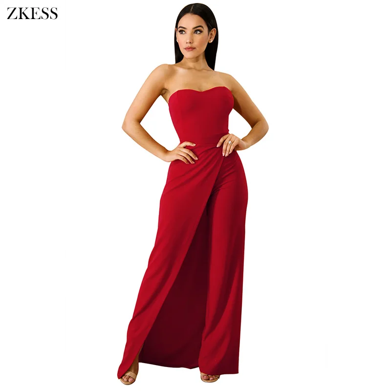 ZKESS Women White Split Open Wide Bell Leg Sexy Strapless Jumpsuits ...