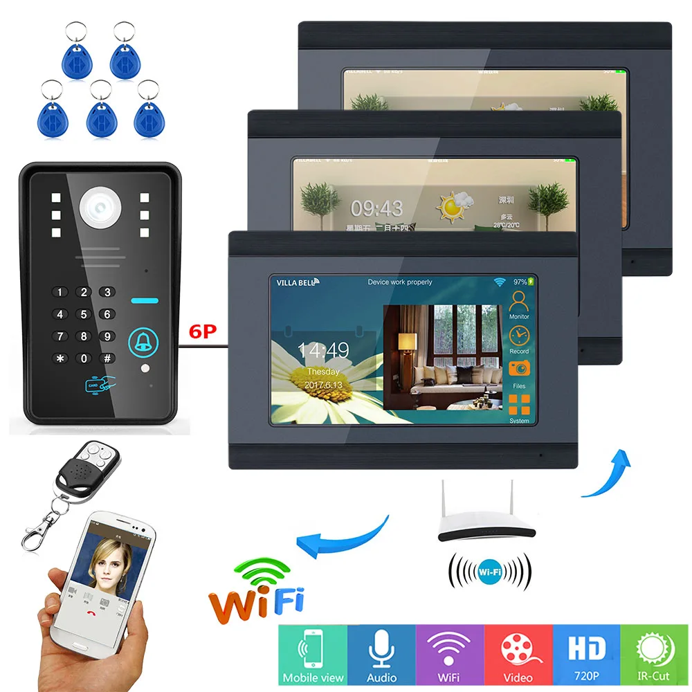 7inch 3 Monitors Wired / Wireless Wifi RFID Password Video Door Phone Doorbell Intercom Entry System with IR-CUT 1000TVL camera 7inch 3 Monitors Wired / Wireless Wifi RFID Password Video Door Phone Doorbell Intercom Entry System with IR-CUT 1000TVL camera