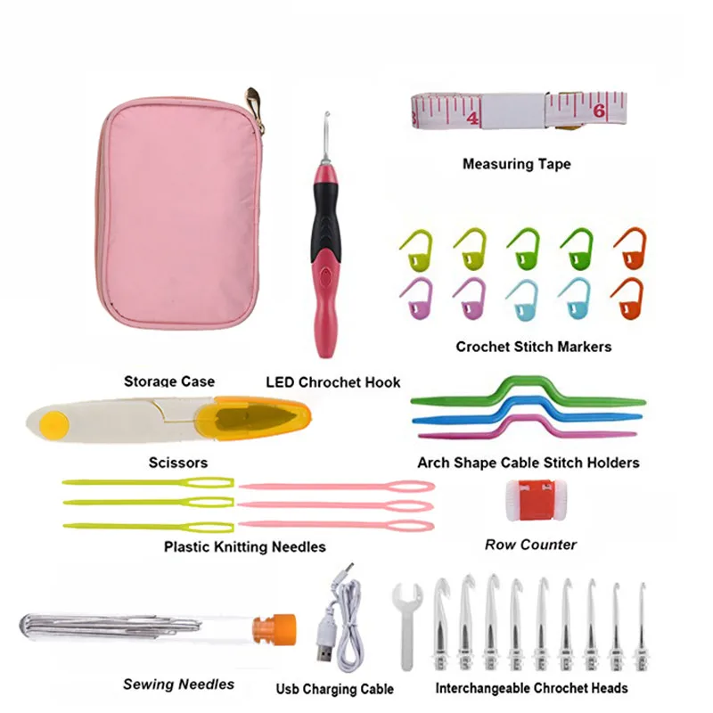 Светодиодный набор крючков для вязания крючком, 9 сменных головок, светильник, набор вязальных иголки-крючки, Швейные аксессуары с водонепроницаемой сумкой