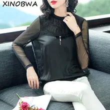 Европа Новинка Осенняя Женская модная свободная футболка с круглым вырезом и длинным рукавом, кружевная Лоскутная Сексуальная черная футболка Топы женские большие рубашки для мальчиков