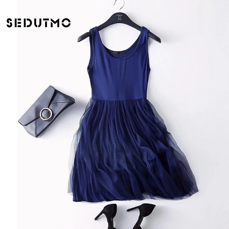 

SEDUTMO Spring Tunic Dress Women Gauze Lace Basic Sundress Summer Modal Mesh Tank Dresses Sexy Black Party Dress ED011