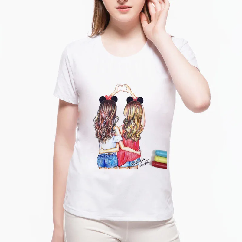 

2019 Top Quality Harajuku T Shirt Best Friends Female T Shirt Cartoon Mermaid Girl Print Summer Sister clothing T Shirt w-B17#