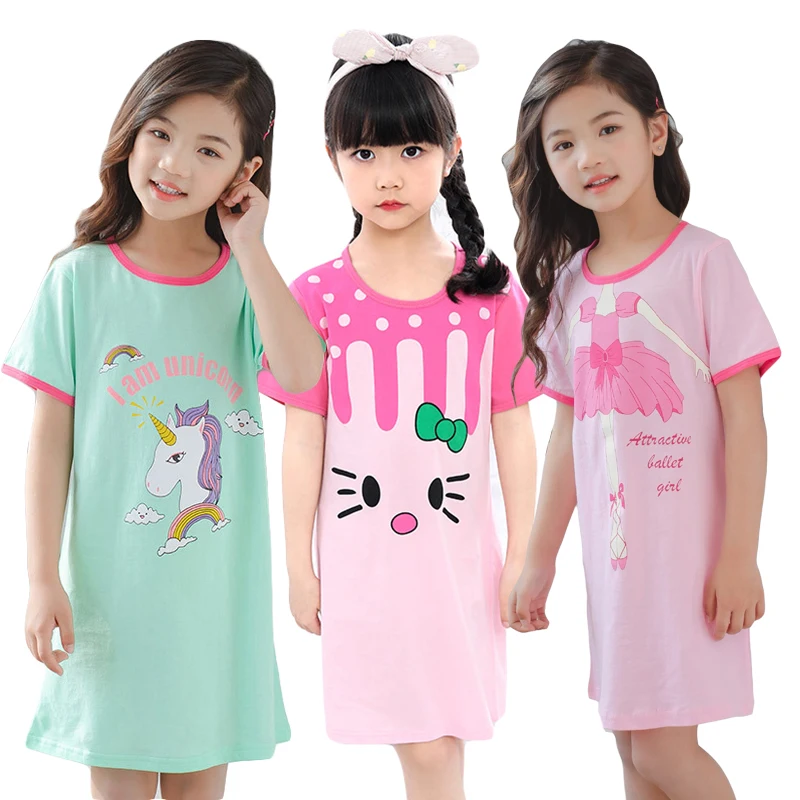 Летние платья для детей для девочек с единорогом для сна ночная рубашка с мультяшным принтом, одежда для сна из хлопка для девочек-подростков, одежда для сна детские, для малышей бальное платье для сна