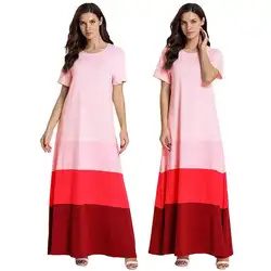 Летнее платье Для женщин длинное платье Исламская Абая Дубай мусульманское платье свободные джилбаба халат Цвет блоки короткий рукав