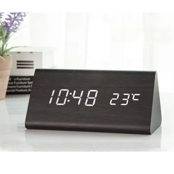 

Wooden Alarm Clock Black Desktop LED Digital Clocks Sound Control Electronic Display Timer Thermometer Home Decor Gift