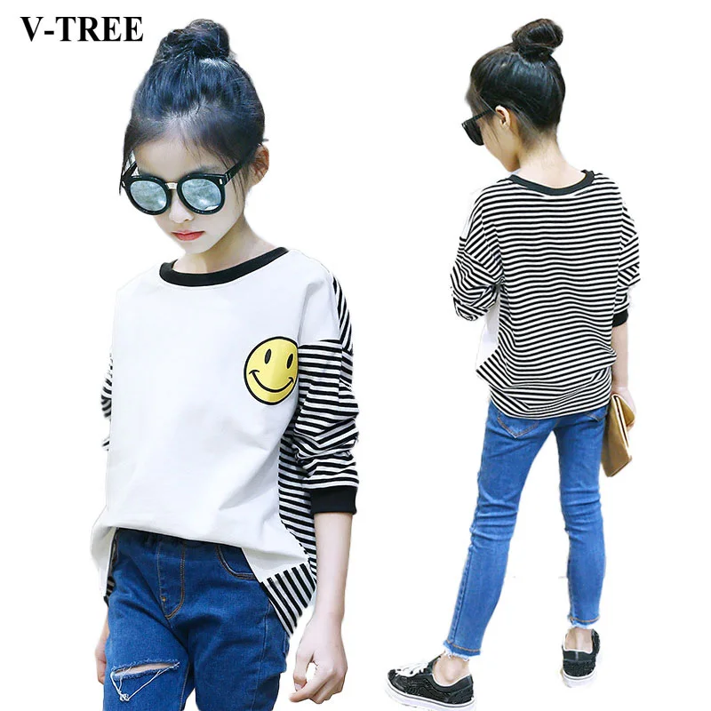 

V-TREE Girls T Shirt 2017 Autumn T-shirts For Girls Striped Kids Tees Long Sleeve Children Tops Teenager 10 12 Years Sweatshirt