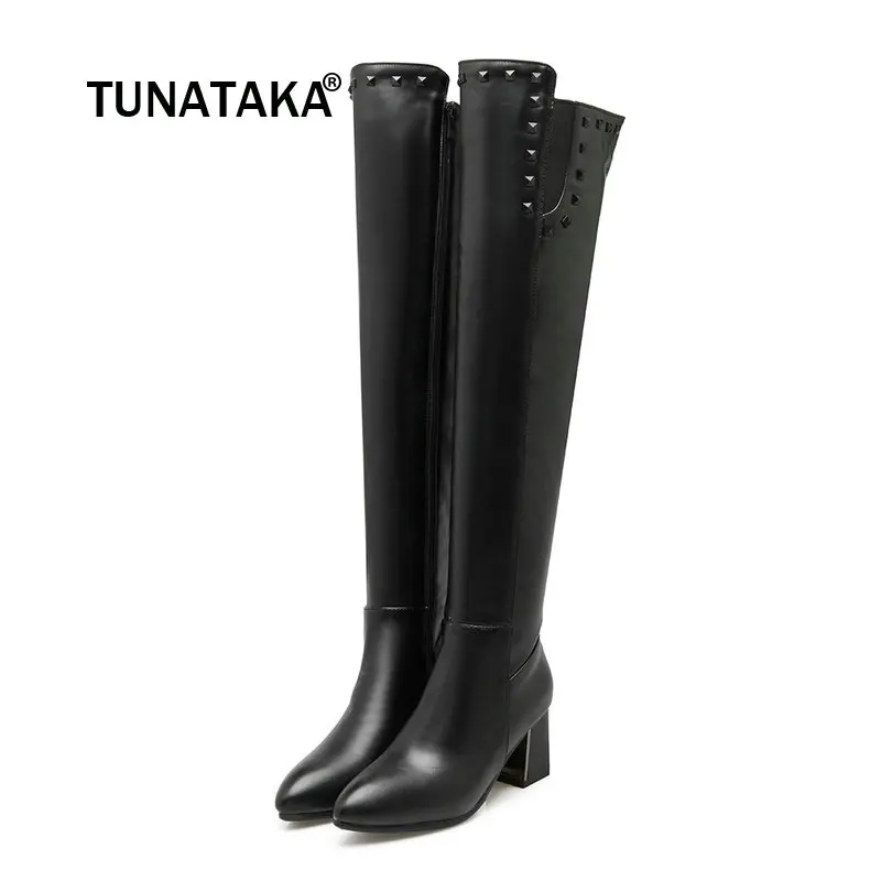 

Women Fashion Pointed Toe With Side Zipper Thigh Boots Comfortable Thick Heel Rivet Over The Knee Boots Black