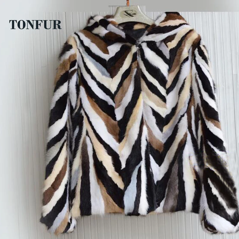 

Female Winter Autumn New Arrivals Free Shipping Striped Natural Mink Fur Coat hoodies Real Fur Mink Jacket sr421