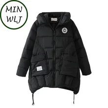 MINWLJ брендовая одежда размера плюс 3XL 4XL Зимняя парка женская одежда черного цвета с капюшоном и воротником из хлопка 136