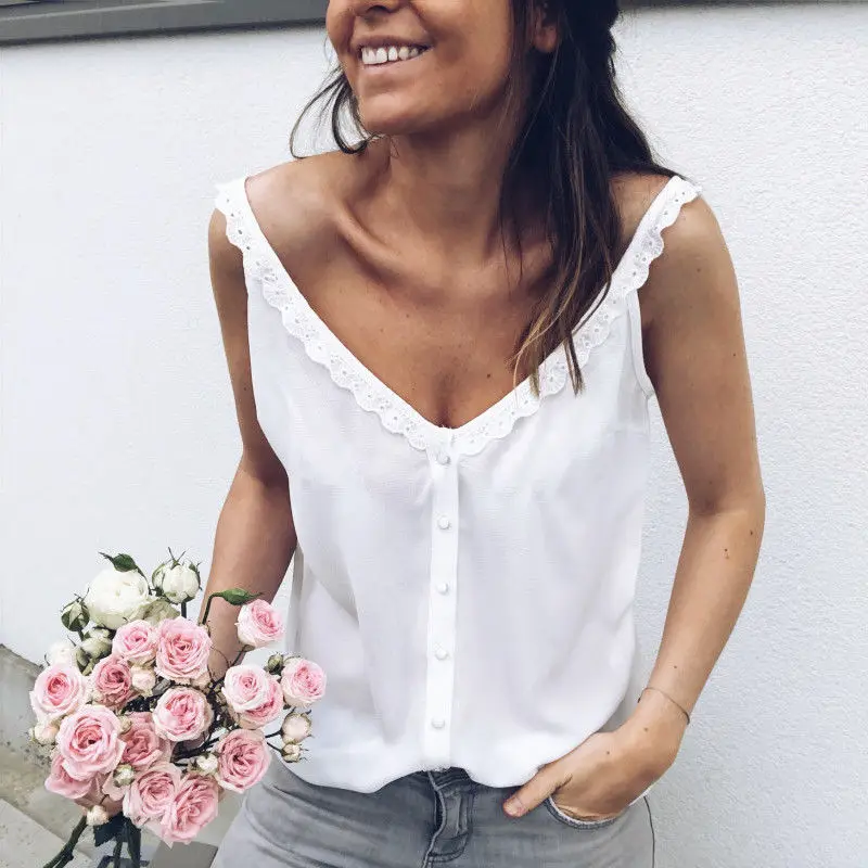 

Loose Lace Shirt Women White Tops Sleeveless Casual Blouse Vest Loungewear Solid Tee Shirt Femme Camisetas Mujer