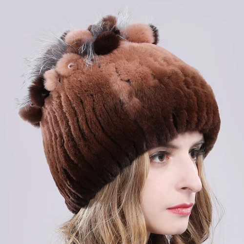 Women Natural Real Rex Rabbit Fur Beanies Hats Winter Warm Knitted Rex Rabbit Fur Caps New Female With Fox Fur Skullies Hat - Цвет: color 11