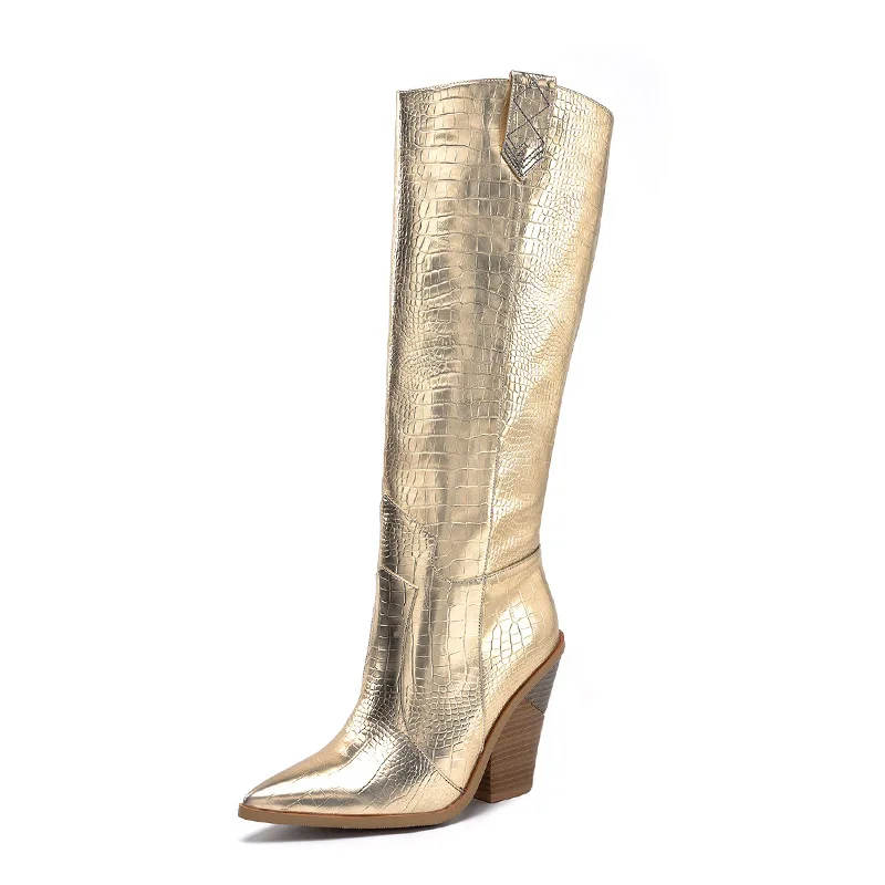 WETKISS Plus Size 46 Knee High Western Boots Women Cowboy Boot Female Pointed Toe Sexy Shoes 11 Colors High Heels Shoes Winter - Цвет: gold